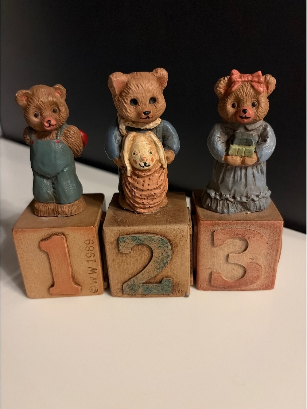 Vintage 1989 Wood World Resin Teddy Bear Block Figurine Lot - Numbers 1 2 3